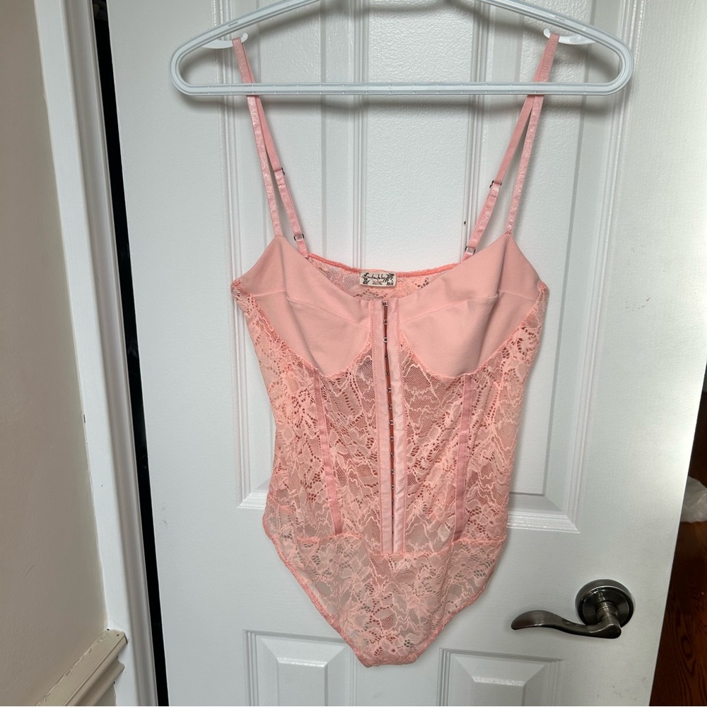 Free People Night Rhythm Corset Bodysuit Pink Shell Lace